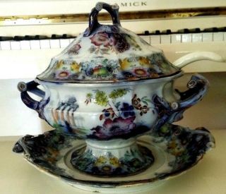 1845 ANTIQUE COLLECTORS PORCELAIN SOUP TUREEN CLEOPATRA BLUE DESIGN 10 INCHES 2