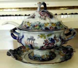 1845 ANTIQUE COLLECTORS PORCELAIN SOUP TUREEN CLEOPATRA BLUE DESIGN 10 INCHES 3