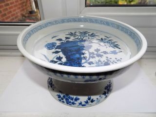 Antique 19th Century Chinese Porcelain Blue & White Pedestal Bowl Dia 19 Cm