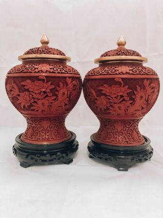 Old Large Cinnabar Lacquer Chinese Red Jars/blue Enamel Inside/asian Art