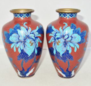 Antique ? Chinese Cloisonne Brick Red Vases With Blue Flowers (5.  35 ")