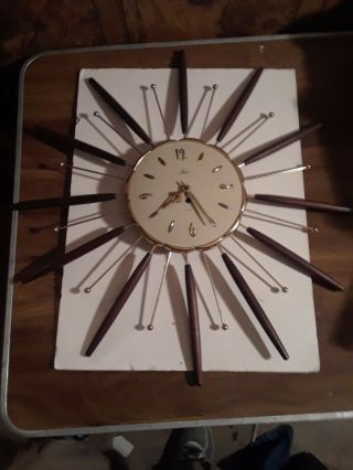 Vintage Lux Windup Atomic Sunburst Starburst Wall Clock Danish Eames