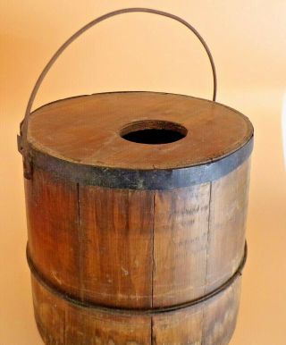 Rare Antique Wooden Sap Bucket Hand Crafted W/an Unusal Wooden Lid Attached