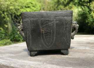 Fine Chinese 18th Century Square Censer Taotie Xuande Mark Mask Handles