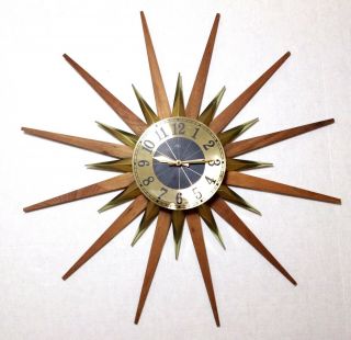 Vtg Elgin Starburst Wall Clock Wood Atomic Sunburst Retro Mid Century Decor 27 "