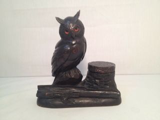 Great Antique Carved Black Forest Wood Owl/stump Inkwell