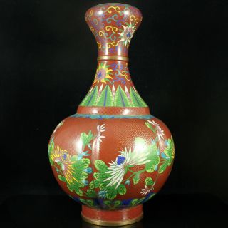 Large Chinese Bronze Cloisonne Red Garlic Vase Lotus Flowers Ruyi Antique