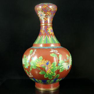 Large Chinese Bronze Cloisonne Red Garlic Vase Lotus Flowers Ruyi Antique 2
