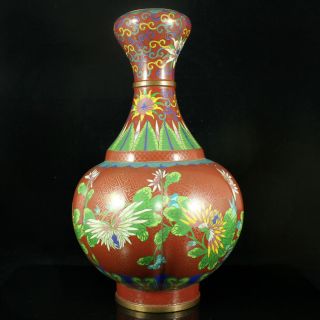 Large Chinese Bronze Cloisonne Red Garlic Vase Lotus Flowers Ruyi Antique 3
