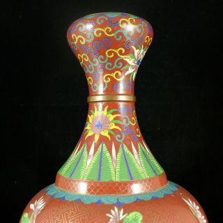 Large Chinese Bronze Cloisonne Red Garlic Vase Lotus Flowers Ruyi Antique 4
