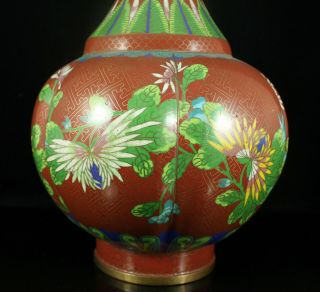 Large Chinese Bronze Cloisonne Red Garlic Vase Lotus Flowers Ruyi Antique 5