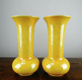 Antique Ruskin Vases In Yellow Lustre British Art Deco Pottery 1920s