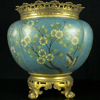19th C.  Chinese Bronze Mounted Cloisonne Centerpiece Bowl Planter Butterfly Pot