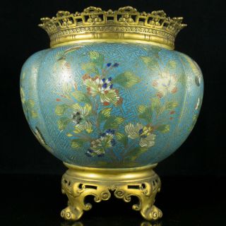 19th C.  Chinese Bronze Mounted Cloisonne Centerpiece Bowl Planter Butterfly Pot 2