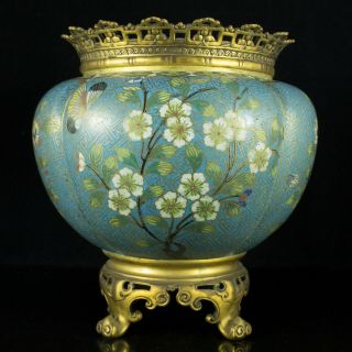 19th C.  Chinese Bronze Mounted Cloisonne Centerpiece Bowl Planter Butterfly Pot 3