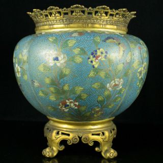 19th C.  Chinese Bronze Mounted Cloisonne Centerpiece Bowl Planter Butterfly Pot 4