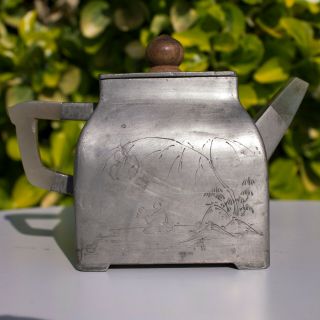 ANTIQUE 19TH C.  CHINESE YIXING PEWTER & JADE TEAPOT SCHOLAR CALLIGRAPHY SIGNED 2
