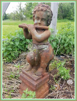 Cherub With Flute Vintage Unearthed Cast Iron Garden Ornament Statue Statuary