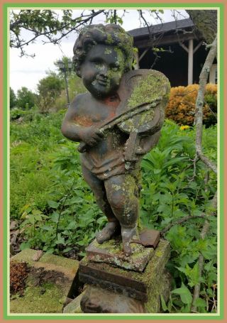 Cherub With Violin Vintage Unearthed Cast Iron Garden Ornament Statue Statuary