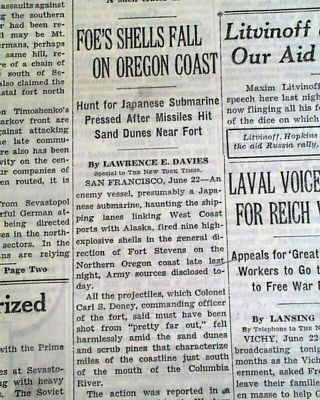 JAPANESE Submarine ATTACK Fort Stevens Oregon 1942 World War II Newspaper 2