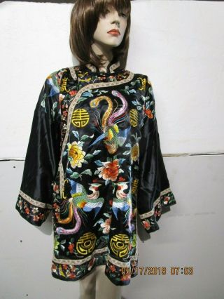 Antique Chinese Black Silk Embroidery Forbidden Stitch Robe Jacket