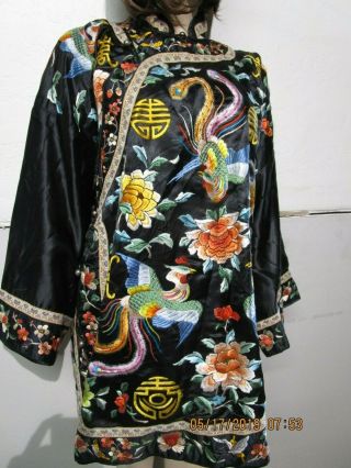 Antique Chinese Black Silk Embroidery Forbidden Stitch Robe Jacket 2
