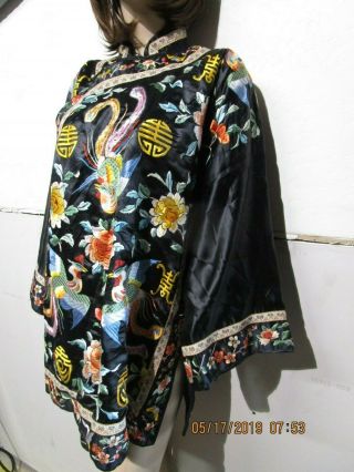 Antique Chinese Black Silk Embroidery Forbidden Stitch Robe Jacket 3