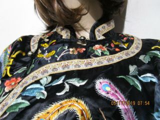 Antique Chinese Black Silk Embroidery Forbidden Stitch Robe Jacket 4