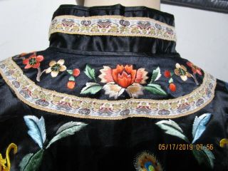 Antique Chinese Black Silk Embroidery Forbidden Stitch Robe Jacket 9