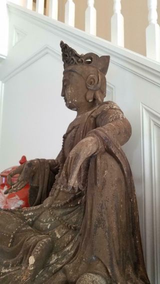 Lg Antique Carved Wooden Seated Chinese Buddha Guanyin Qing Dynasty