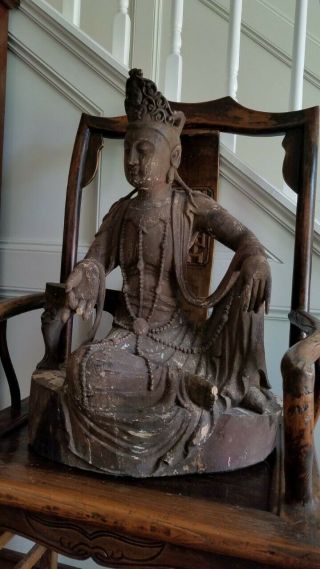 LG Antique Carved Wooden Seated Chinese Buddha Guanyin Qing Dynasty 9