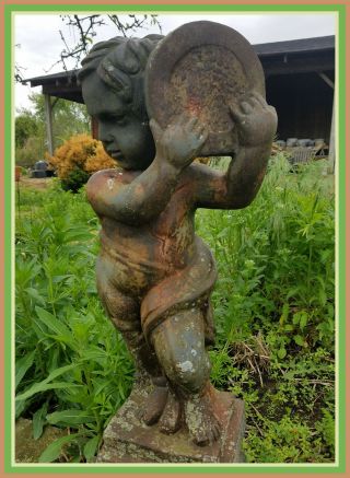 Cherub With Cymbal Vintage Unearthed Cast Iron Garden Ornament Statue Statuary