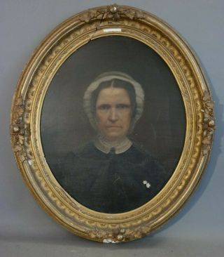 19thc Antique Primitive Old Lady & Lace Bonnet Primitive Portrait Painting Frame