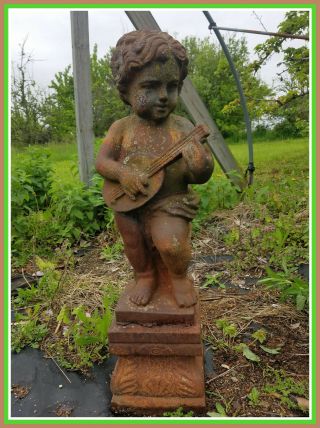 Cherub With Ukelele Vintage Unearthed Cast Iron Garden Ornament Statue Statuary