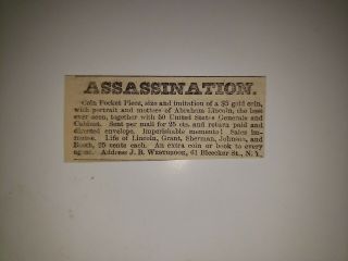 Abraham Lincoln Assassination Coin Pocket Piece 1865 Advertisement Ad Rare