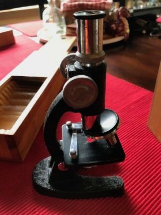 Atco Vintage Microscope With Glass Slides And Wooden Storage Cases