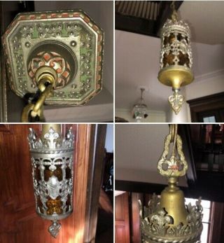 Nrsv 1920 Antique Spanish Revival Tudor Gothic Art Glass Light Chandelier Brass