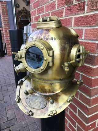 Antique Brass Scuba Marine Diving Divers Helmet Us Navy Mark V Full Size 18 Met