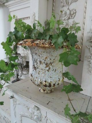 Awesome Shabby Old Vintage Cast Iron Metal Garden Urn Salvaged Top Chippy White