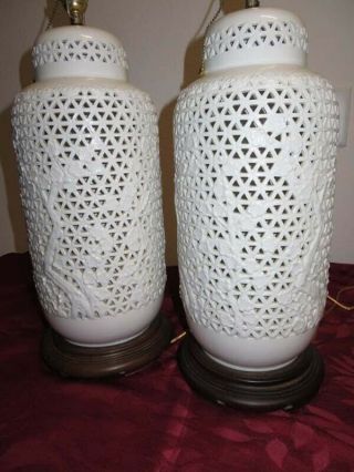 32 " Pair Hollywood Regency White Pierced Reticulated Blanc De Chine Table Lamps