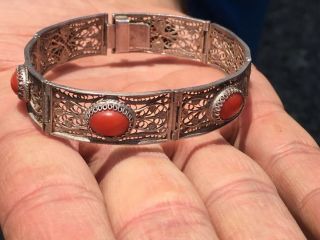 Antique Old Natural Red Coral Sterling Silver Filigree Gold Gilted Bracelet