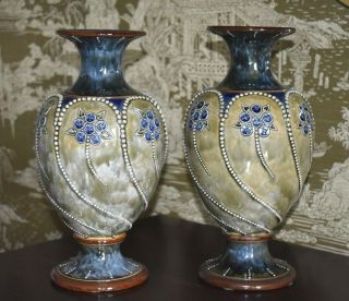 Antique 13 1/2 " Pair Royal Doulton Arts & Crafts Beaded Flowers Drip Glaze Vases