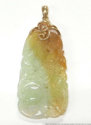 Old Carved Jadeite Green Red 14k Gold Pendant 40ct Carved Chinese Dragon 2of13