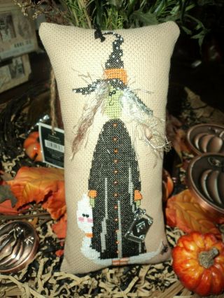Completed Cross Stitch Halloween Witch Pillow Spell Book Of Shadows Key Charms