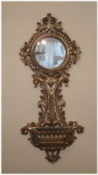 Vintage Italian Wall Pocket Carved Wood Planter Silver - Leaf Mirror Sconce