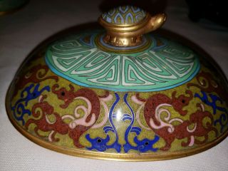 Chinese Cloisonne over Brass Statue Dragon Dish /w Lid Turtle Knob Handle 12