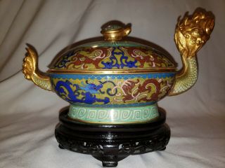 Chinese Cloisonne Over Brass Statue Dragon Dish /w Lid Turtle Knob Handle