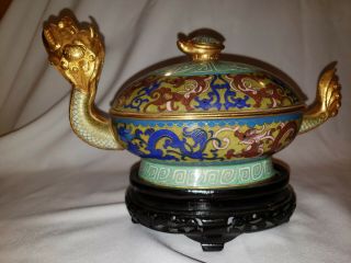 Chinese Cloisonne over Brass Statue Dragon Dish /w Lid Turtle Knob Handle 2