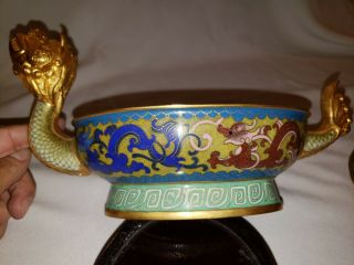 Chinese Cloisonne over Brass Statue Dragon Dish /w Lid Turtle Knob Handle 5