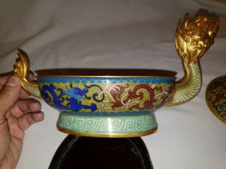Chinese Cloisonne over Brass Statue Dragon Dish /w Lid Turtle Knob Handle 6